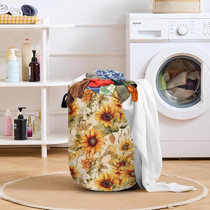 Watercolor Sunflower Laundry Basket with Sturdy Handles, Vintage Floral Collapsible Oxford Cloth Laundry Hamper Organizer Basket for Bathroom Bedroom 15.7x20 Inch