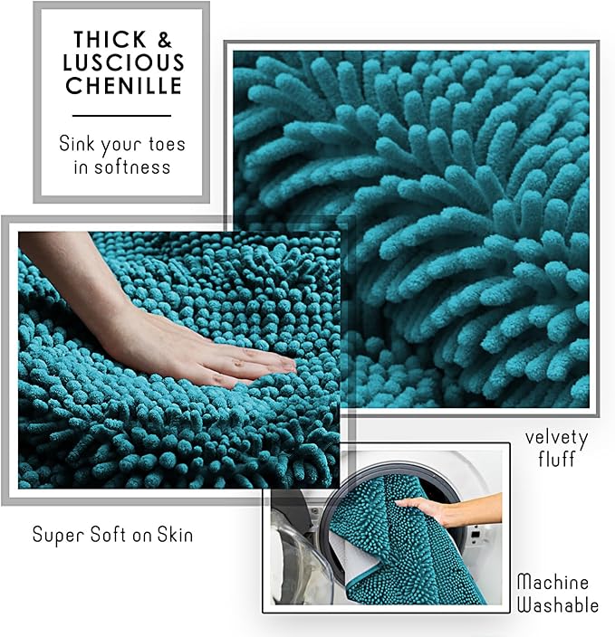 Hearth & Harbor Bathroom Rugs, Chenille Bath Mat - Machine Washable Bath Mats for Bathroom Non-Slip Backing Rubber, Quick Dry Bathroom Mat - Teal 24x36