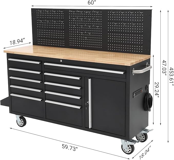 61" Rolling Tool Chest with 10 Drawers, Workbench Cabinet with Power Strip, Solid Rubber Wood Top, 1675 LBS Load, Mobile Heavy Duty Garage Storage, Locking Wheels