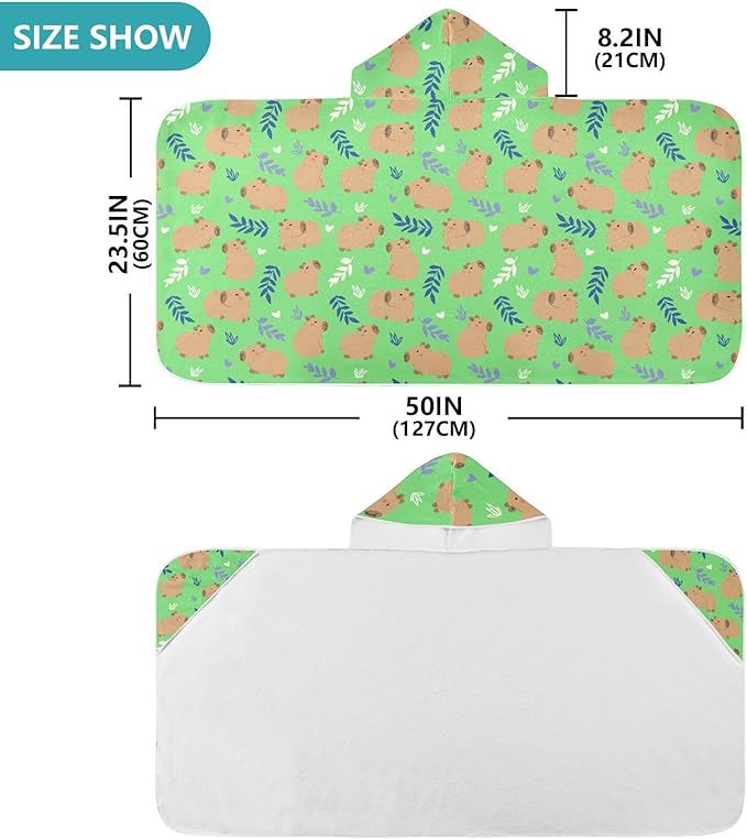 Green Cute Capybara Hooded Beach Towel for Kids, Kids Bath Hooded Towels for Boys Girls, Super Soft Absorbent Bathrobe with Hood for Swin Pool 50"x23.5"