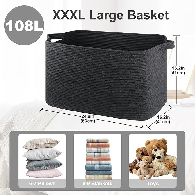 108L Extra Large Blanket Basket, 24.8" x 16.2" x 16.2" Rectangle Woven Storage Baskets for Living Room, Nursery, Bedroom, Toy Basket with Handle (Black)