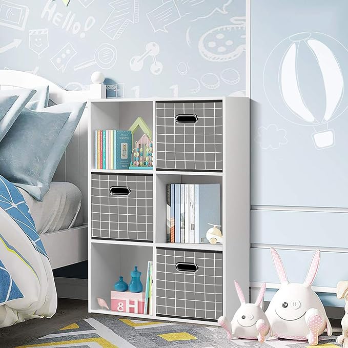 Black Foldable Storage Cubes Bins, Fabric Storage Box Cubes Organizer Baskets with Dual Handles for Home Organizer,Set of 6,(Grey grid)