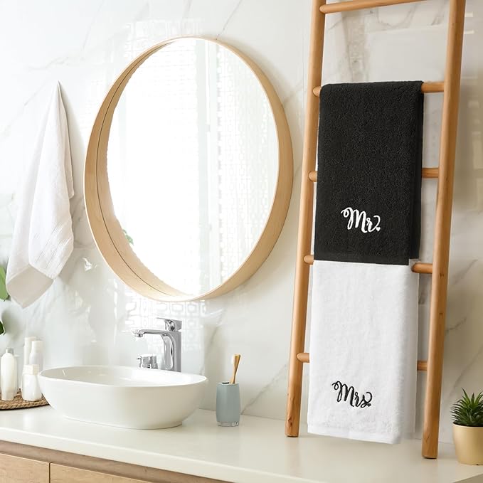 2 Pcs Mr. and Mrs. Hand Towels 100% Cotton Embroidered Bathroom Towel Wedding Mr. and Mrs. Gift for Valentine's Day Couple, Anniversary Bathroom Decor 29 x 13 Inch
