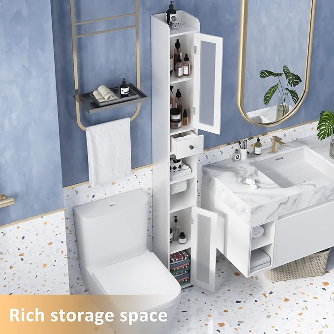 Maupvit Bathroom Storage Cabinet with 2 Frosted Glass Doors, Tall Narrow Storage Cabinet with Doors and Shelves Adjustable, Slim Bathroom Cabinet for Small Spaces, 8 Compartments (White)