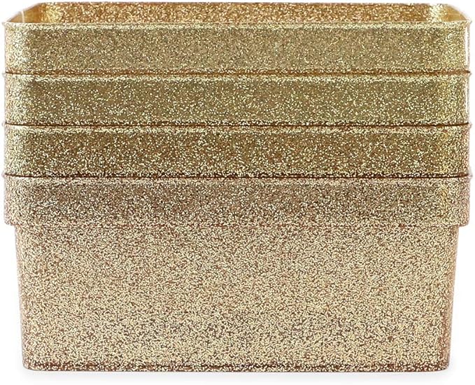 Isaac Jacobs Small Glitter Storage Bin (10” x 7.5” x 4.25”) Set w/Cut-Out Handles, Plastic Organizer, Multi-Functional, Home Storage Solution, Kids Playroom, Bedroom, Closet (4, Gold)
