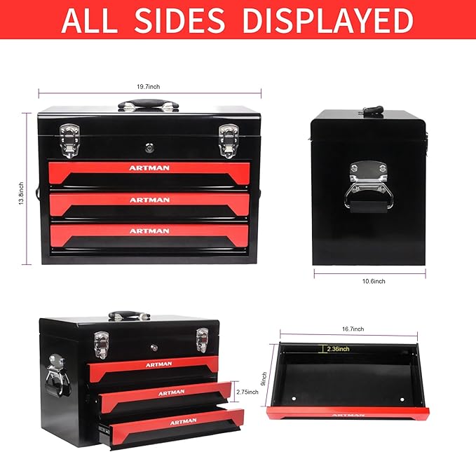 20" Portable 3 Drawer Steel Toolbox, 4 Layers of Tools with Metal Latches, with Top Storage Tray and Carrying Handle, Multi-Function Tool Storage for Garage, Home,or Workbench