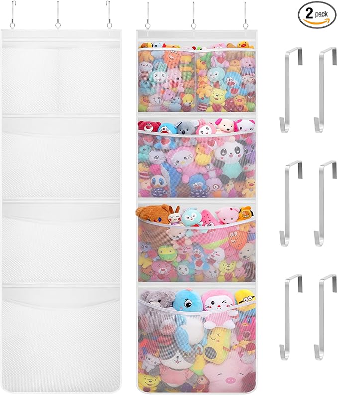 Lifewit Stuffed Animal Storage, Over the Door Organizer with 5 Expandable Mesh Pockets, Breathable Oxford Fabric Hanging Kid Baby Plush Toy Holder for Nursery, 167 cm (65.8'') High, White, 2 Pack