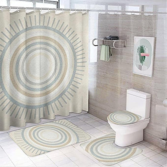 4 Piece Bathroom Rug Set with Shower Curtain, Non-Slip Bath Mat Toilet Cover Set, Center of Circles Bathroom Rug Sets