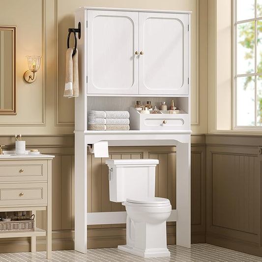 Over The Toilet Storage Cabinet with Adjustable Shelves & 2 Doors, Bathroom Storage Cabinet with One 4-Section Drawer, Towel Holder & Toilet Paper Holder for Bathroom, Laundry Room