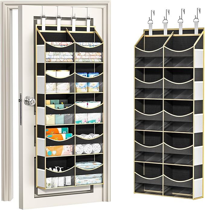 Aokeyee 5 Tiers Over the Door Storage Organizer, Behind Door Storage for Baby Nursery, 80lb Capacity Door Hanging Organizer with 10 Compartments & 10 Mesh Pockets for Closet, Bedroom, Bathroom, Toys