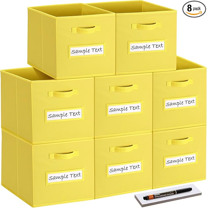 artsdi Fabric storage cubes (8 Pack) 11 Inch Cube Storage Bin, cube organizer bins with 8 Labels Window Cards & a Pen, Foldable cube organizer bins and Storage Box, Dark Yellow