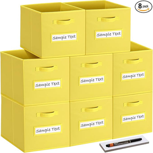 artsdi Fabric storage cubes (8 Pack) 13 Inch Cube Storage Bin, cube organizer bins with 8 Labels Window Cards & a Pen, Foldable cube organizer bins and Storage Box, Dark Yellow