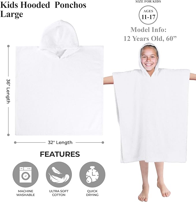 Superior Kids Cotton Terry Poncho, Soft, Absorbent Bath Towel with Hood, Bathroom Accessories, Long, Plush Bathrobes for Bath, Shower, Spa, Resort, Hotel, Beach, Pool, Boy, Girl, Large Size, White