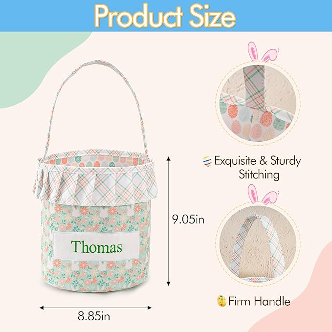 MT WORLD Toddler Easter Bunny Basket Personalized Easter Egg Bucket for Kids with Name Rabbit Ruffle Bucket Tote for Baby Boys Girls Easter Egg Hunts Decorations Candy Gifts Storage (Green Flower)