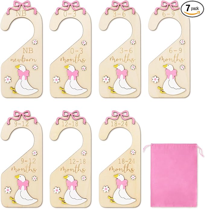 7Pcs Goose Wood Baby Closet Size Dividers with Storage Bag Pink Bow Goose Hanging Closet Organizer Newborn to 24 Month Infant Wardrobe Organizer for Home Nursery