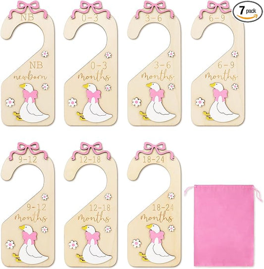 7Pcs Goose Wood Baby Closet Size Dividers with Storage Bag Pink Bow Goose Hanging Closet Organizer Newborn to 24 Month Infant Wardrobe Organizer for Home Nursery