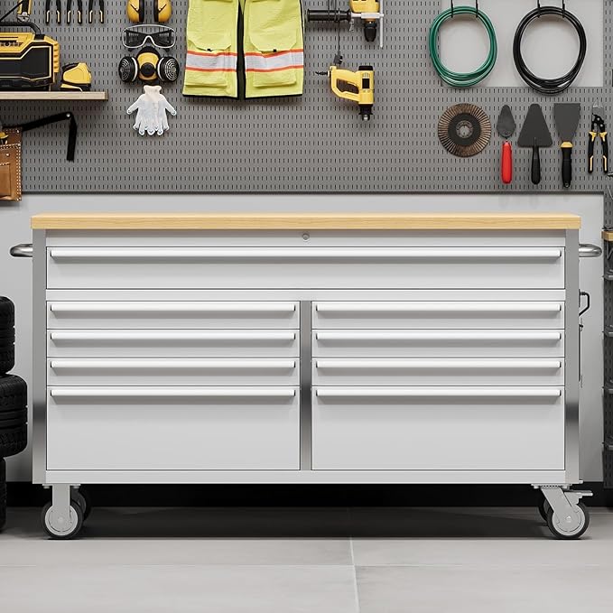 61" Rolling Tool Chest with 9 Drawers, Solid Rubber Wood Workbench Top, Locking Wheels & Key Lock, Mobile Garage Tool Cabinet for Workshop Storage & Organization