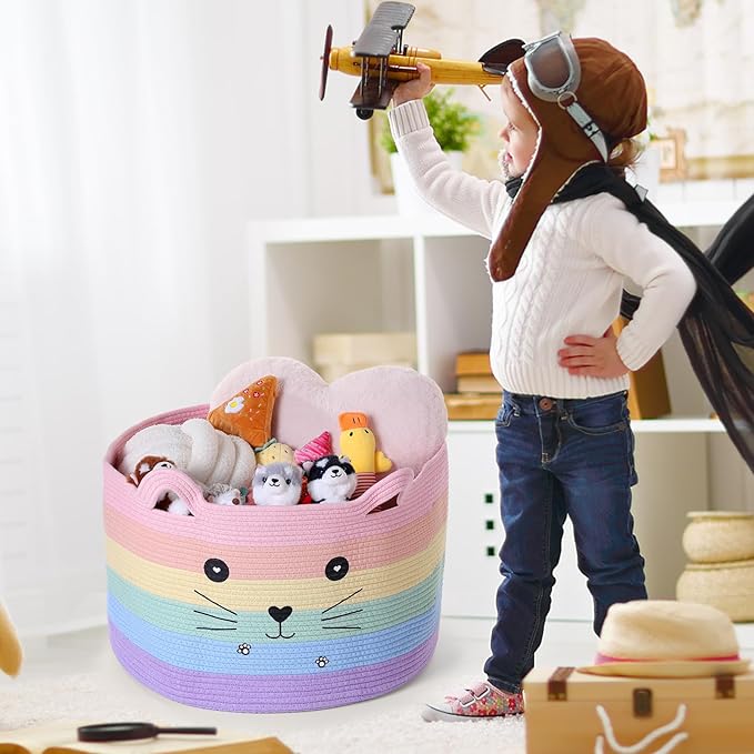 Zopeal Cat Basket Storage Woven Organizer with Ears Christmas Decorative Pet Toy Cute Cotton Rope Basket for Gift Cat Dog Toy Bin Nursery Room(21.7 x 13.8 Inch,Macaron Color)