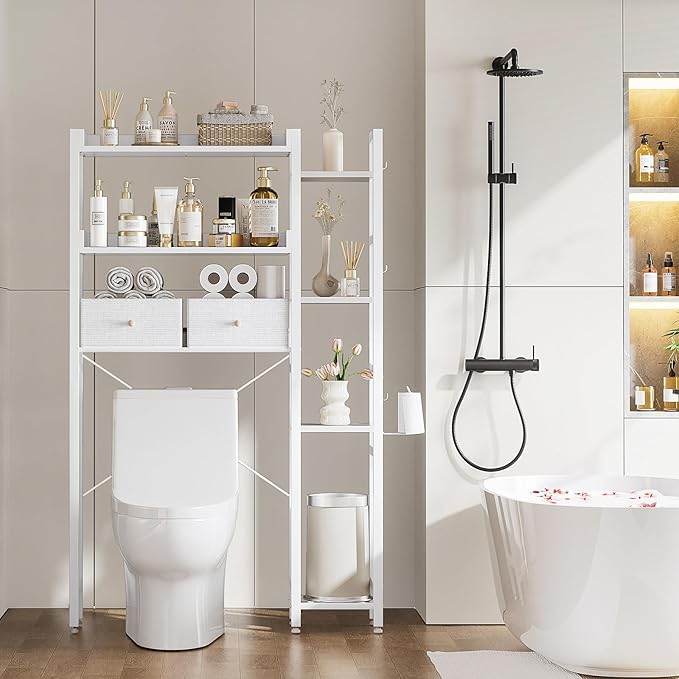 Housolution Over The Toilet Storage with 2 Drawers, 7 Tier Over Toilet Bathroom Organizer with Height Adjustable Shelves and Hooks, Space Saver Above Toilet Rack for Bathroom/Restroom/Laundry, White