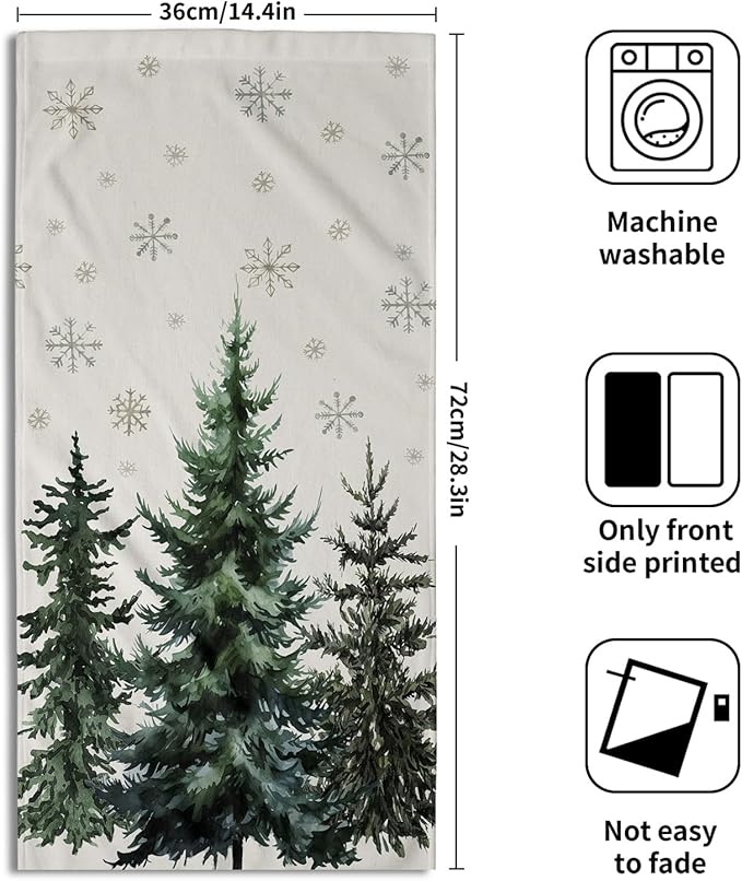 Green Xmas Tree Snowflake Hand Towel Set of 2 Soft Absorbent Winter Holiday Christma Tree Snow Decorative Tea Towels Baking Cooking Wash Cloth for Bathroom Kitchen Bar Beach Gym Spa Decor 14x28 Inch