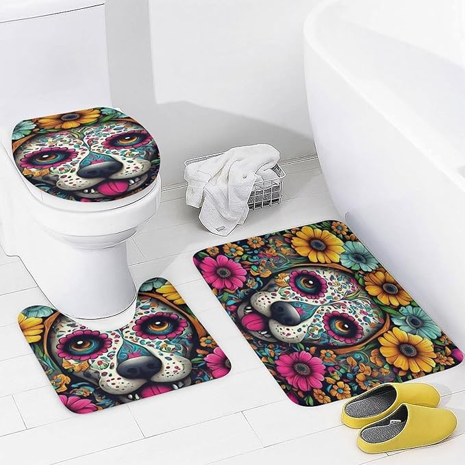4 Pc Day Dead Dog Sugar Skull Flower Art Shower Curtains + Tub Shower Bath Rug Set, Water Repellent Spa Curtain Absorbent Shaggy Rugs