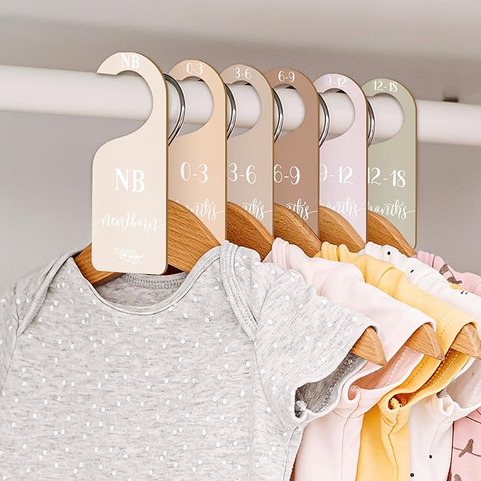 Whaline 7Pcs Earth Tone Wood Baby Closet Size Dividers with Velvet Bag Newborn to 24 Month Thicken Infant Wardrobe Hanger Organizers for Home Nursery Party Favors Supplies