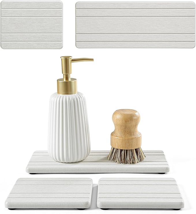 3 Pack Diatomite Stone Sink Tray, Water Absorbing Mat for Kitchen & Bathroom Counter, Quick Dry Soap Dish Makeup Vanity Caddy,Sponge Holder Organizer, Beige - 2pcs of 4.5"x 3.5" and 1pc of 9"x 3.5"