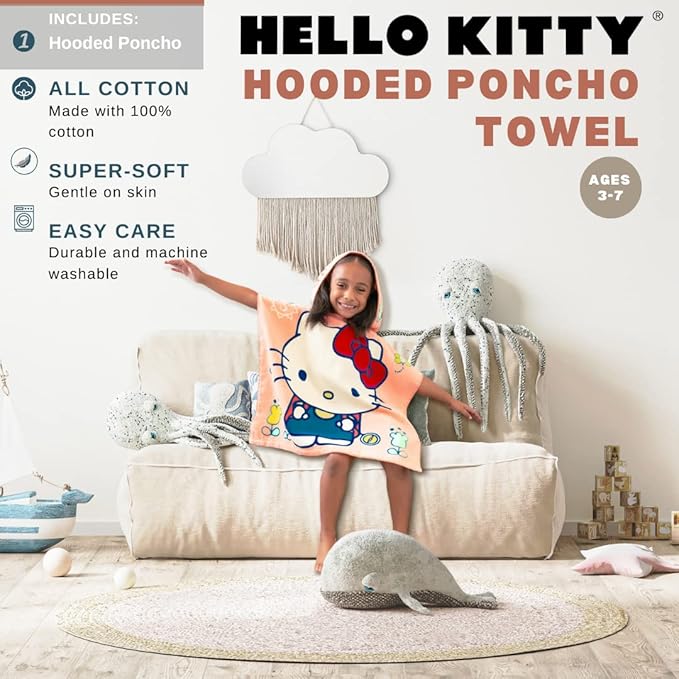 Hello Kitty Kids Beach/Pool/Bath/Camping Hooded Towel Poncho 24" X 22", Absorbent Cotton Cover up, (Official Licensed Sanrio Product) by Franco