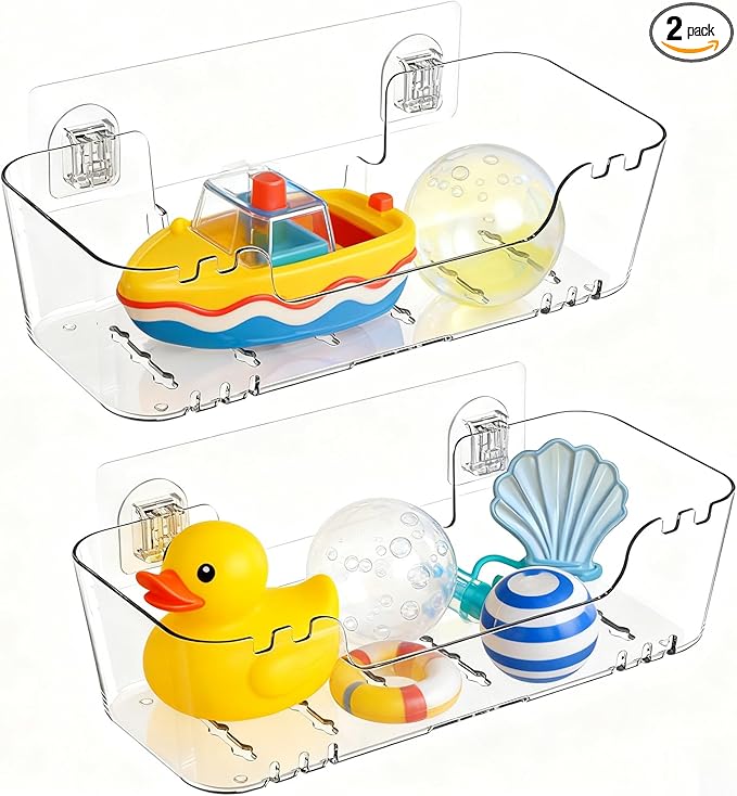 2 Pack Bath Toy Storage Holder - Large Capacity Suction Cup Shower Caddy, Clear Plastic Bathtub Toy Organizer with Drain Holes No Drill Wall Mount Baby Bath Toy Holder for Bathroom