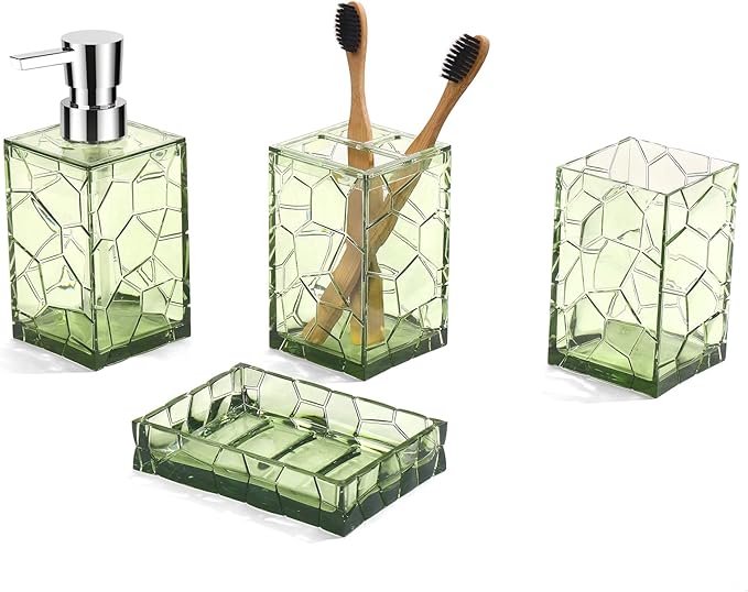 Green Bathroom Accessories Set with Toothbrush Holder, Soap Dispenser, Tumbler, Soap Dish, Sage Green Bathroom Decor, Acrylic (Green-4pcs)