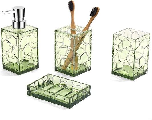 Green Bathroom Accessories Set with Toothbrush Holder, Soap Dispenser, Tumbler, Soap Dish, Sage Green Bathroom Decor, Acrylic (Green-4pcs)