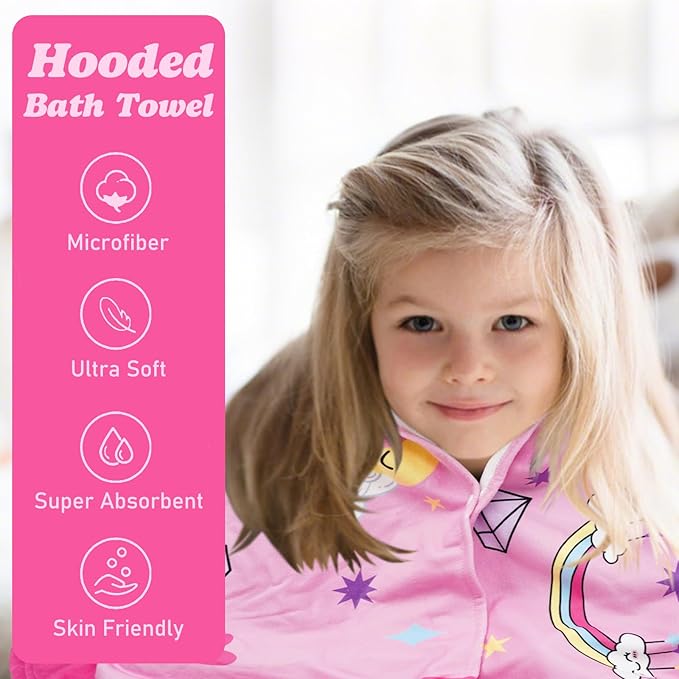 Hooded Towels for Kids Unicorn 50" x 30" Toddler Bath Beach Towel Poncho with Hood Super Soft and Absorbent 100% Microfiber for Girls Ages 3-10