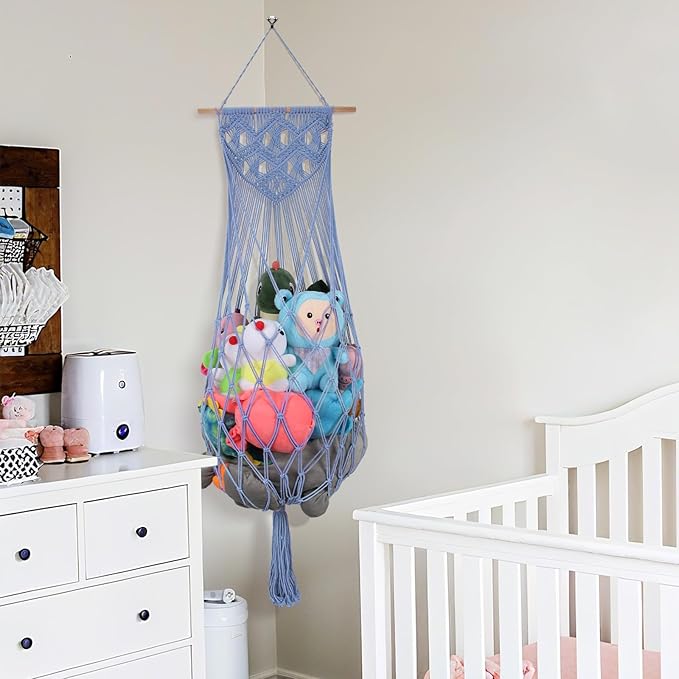 Stuffed Animal Storage Hammock Corner, 63'' Jumbo Boho Macrame Toy Holder Wall Mounted, Hanging Net Organizer for Nursery Decor, Dark Blue Plush Toy Net with Star Light for Boys Girls Gift
