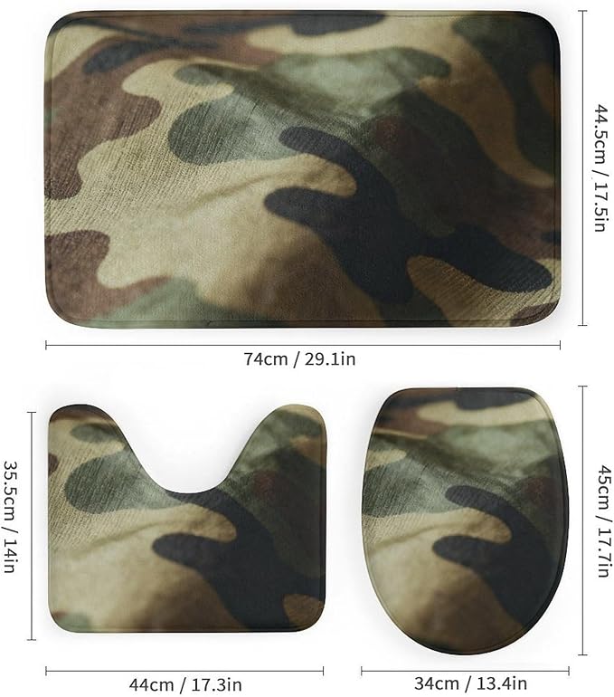 4 Piece Bathroom Rug Set with Shower Curtain, Non-Slip Bath Mat Toilet Cover Set, Camouflage Bathroom Rug Sets