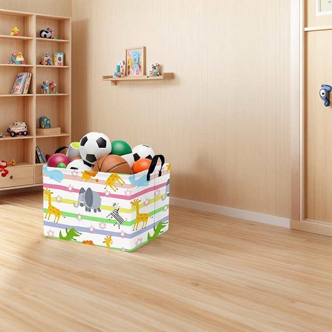 Cute Rectangle Woodland Animal Baby Girl Basket Nursery Playroom Bedroom Decor Clothes Toy Basket (Colorful Animals)