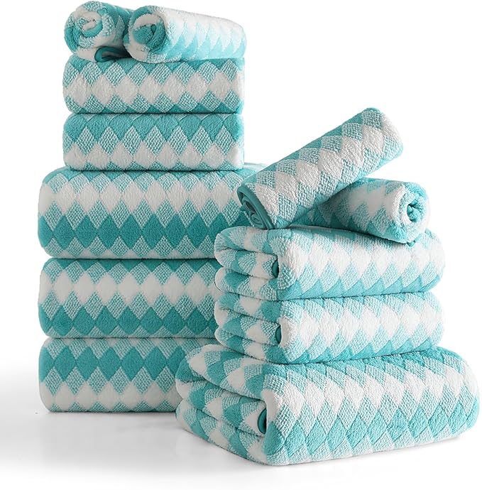 12 Pcs Aqua White Diamond Towel Set-4 Bath Towels,4 Hand Towels,4 Washcloths Soft Polyester Towels with Loop Absorbent Shower Towel Quick Dry Beach Chair Towel Family Towels for Bathroom Spa Gym Pool