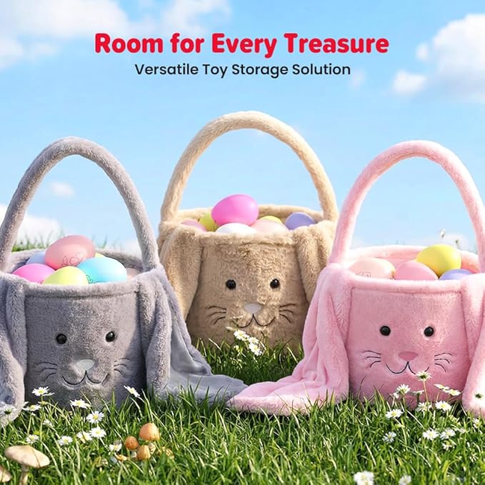 Easter Basket, Cute Bunny Easter Basket with Plush Ears, Easter Baskets for Egg Hunt, Candy & Gift Storage (Brown)