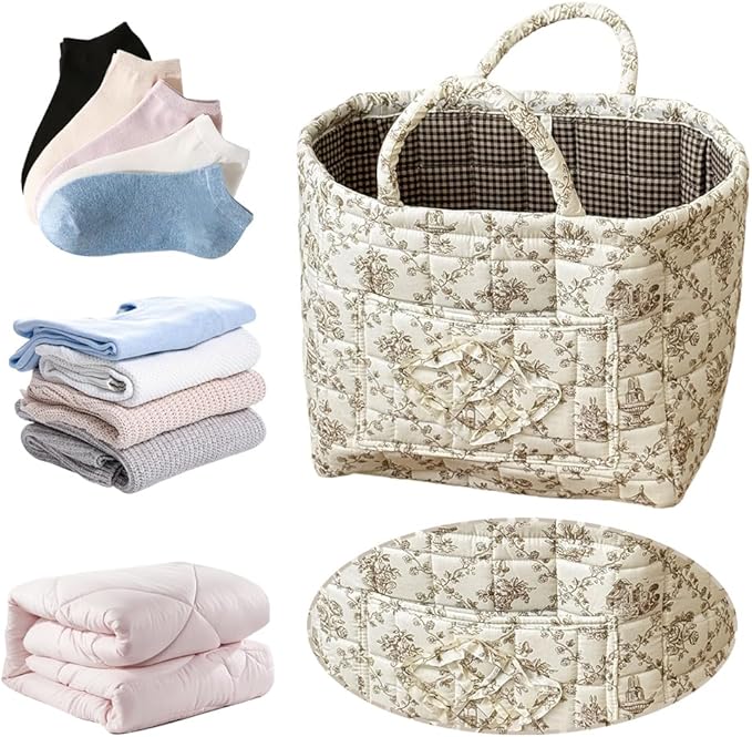JQWYGB Foldable Laundry Basket Boho Bear Storage Basket Floral Quilted Fabric Car Storage Basket Handles Large Laundry Baskets for Clothes and Dolls