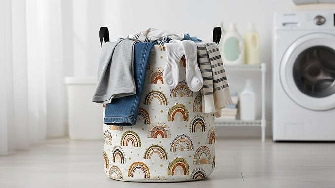 CLOCOR Round Collapsible Flat Storage Basket,Space-Saving Fabric Laundry Hamper for Clothes,Nursery Hamper,Gift Basket(Unique Rainbow)
