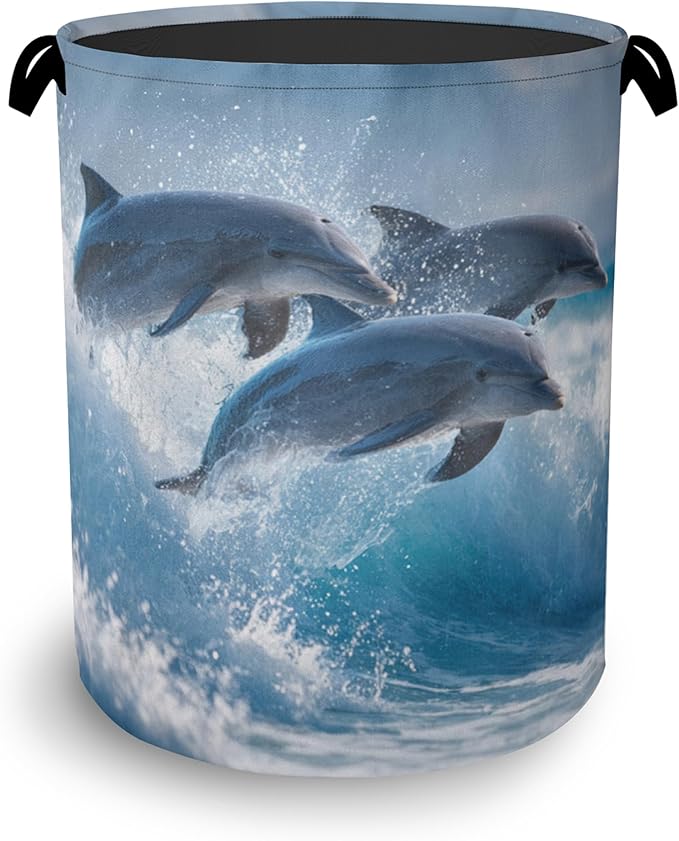 Dolphin Laundry Basket,Ocean Foldable Oxford Cloth Tote Bag Laundry Hamper Clothes Storage Bucket Organizer for Bedroom Laundry Storage Dormitories 16" x 20.8"
