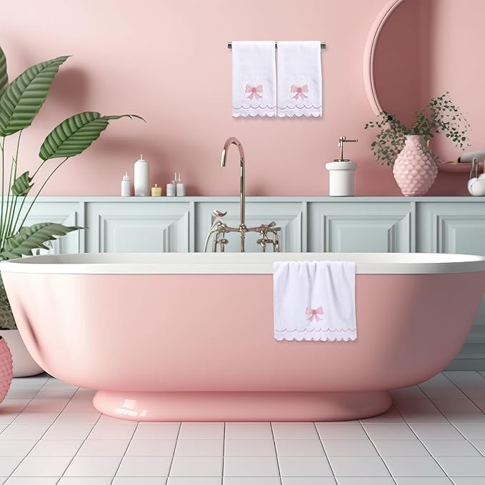 2 Pcs Scalloped Hand Towels 100% Cotton Fingertip Towels for Bathroom 15.75 x 27.56 Inch 600 GSM Cute Soft Absorbent Embroidered Decorative for Home Hotel(Pink,Bow)
