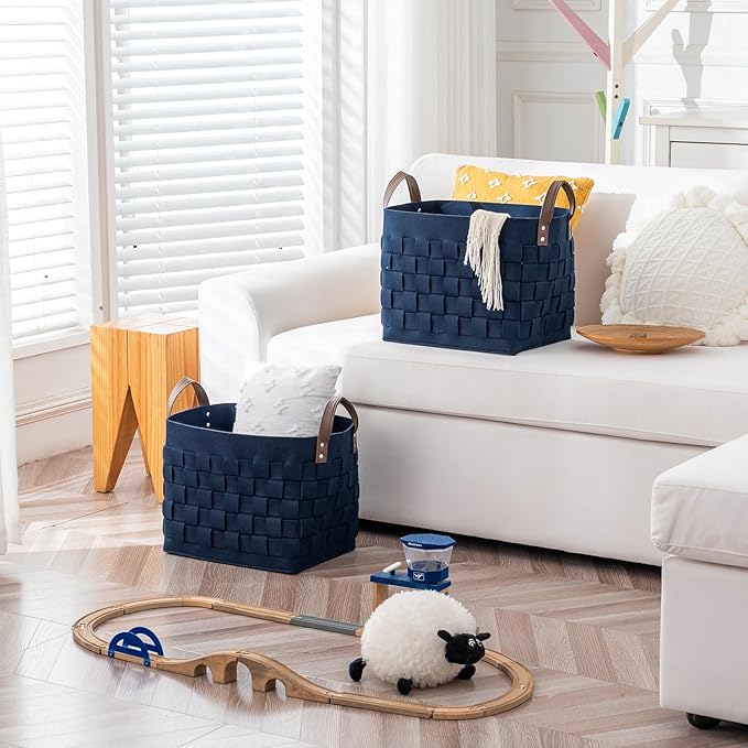 BOLDMONKEY Blankets Baskets 15" x13 " x11 " 2 Pack, Large Rectangular Toys Baskets with Leather Handle, Soft Baby Nursery Basket for Storage-Navy Blue