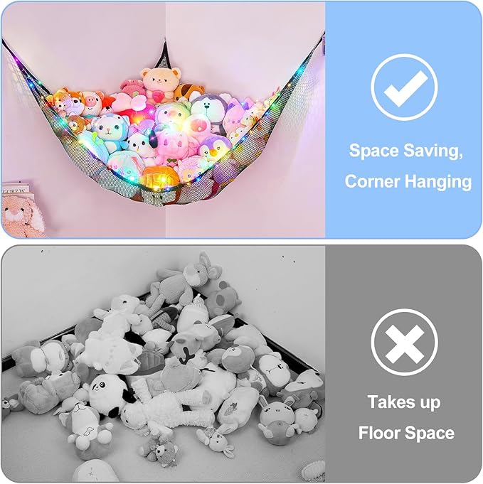 Basumee Stuffed Animals Net or Hammock with LED Light Hanging Toy Net Hammock for Stuffed Animals Storage Stuff Animals Hammocks for Nursery Room with Remote Control, 8 Kinds of Lights(Pack of 1)