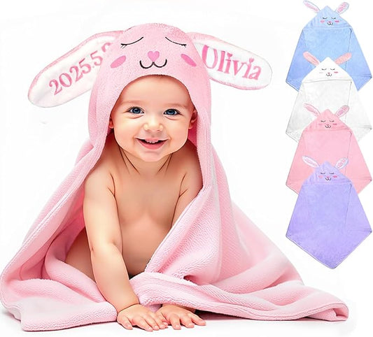 Baosity Custom Hooded Baby Towel with Name, Personalized Soft Absorbent Bunny Bath Towel, Shower Towels for Girls Boys, Easter Brithday for Baby, Toddler, Newborn Essential