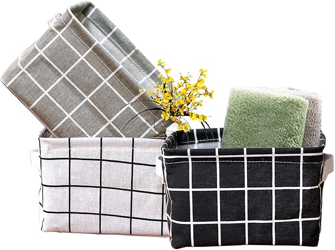 AARAINBOW 3 Packs Storage Basket Bins Canvas Mini Storage Cubes Storage Basket for Makeup, Baby Toys Liners, Books Nursery Storage Baskets with Handles for Shelves & Desks (Black+White+Gray)
