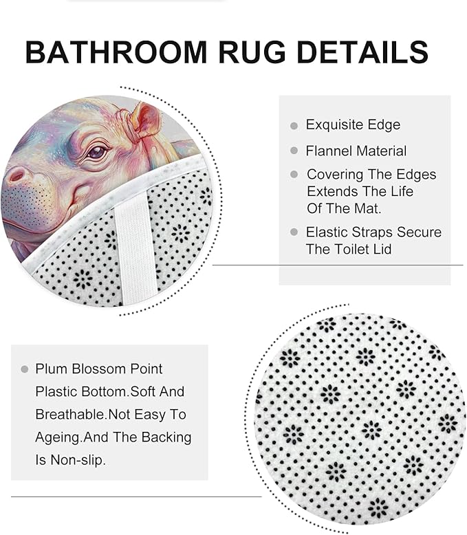 4PCS Funny Cute Hippos Bathroom Accessory Sets with Non-Slip Rug, U Shape and Toilet Lid Cover Mat, Bubble Sea Ocean Underwater Bathroom Fabric Decor-72''x72''