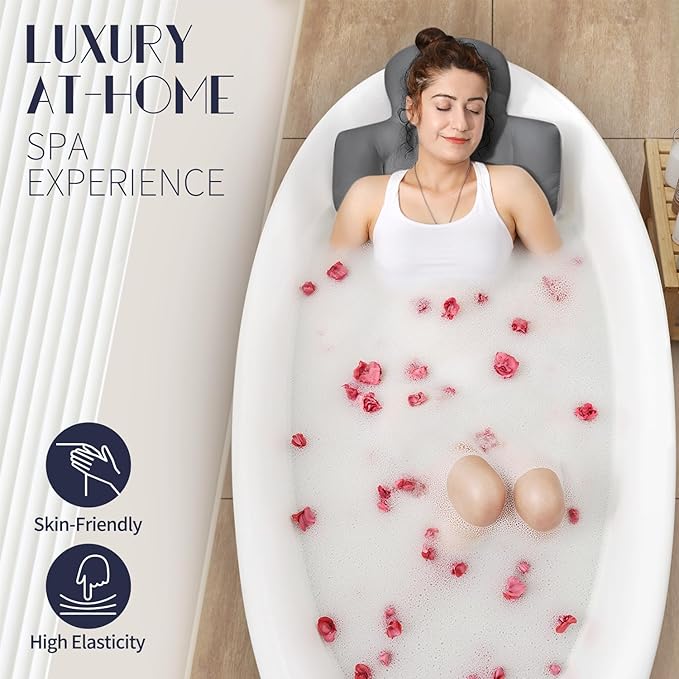 Full Body Bath Pillow for Bathtub, Thick Bathtub Cushion with Laundry Bag, Luxury Tub Pillow for Bath for Headrest Neck and Back Support Gray 60" x 16"