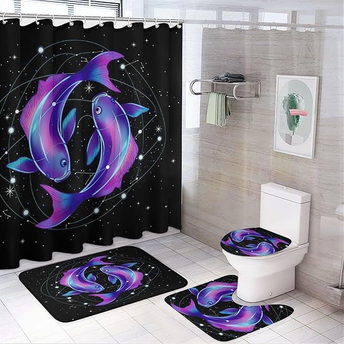 4 Pack Neon Fish Zodiac Pisces Art Shower Curtain + Bath Room Rug Mat Set, Water Repellent Window Curtain Absorbent Bath Room Rug Carpet