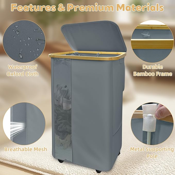 Rolling Laundry Hamper with Lid & Wheels, 110L Slim Double Grey Laundry Hamper 2 Section, Narrow Large Laundrys Hampers with Removable Bags&Breathable Mesh, Dirty Clothes Hampers for Bedroom