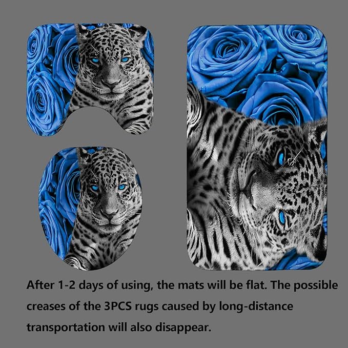 4PCS Blue Rose and Leopard Shower Curtain Sets with Rugs, Waterproof Fabric Shower Curtain, Modern Aesthetic Floral African Safari Wildlife Wild Animal Black and White Cheetah Bathroom Decor